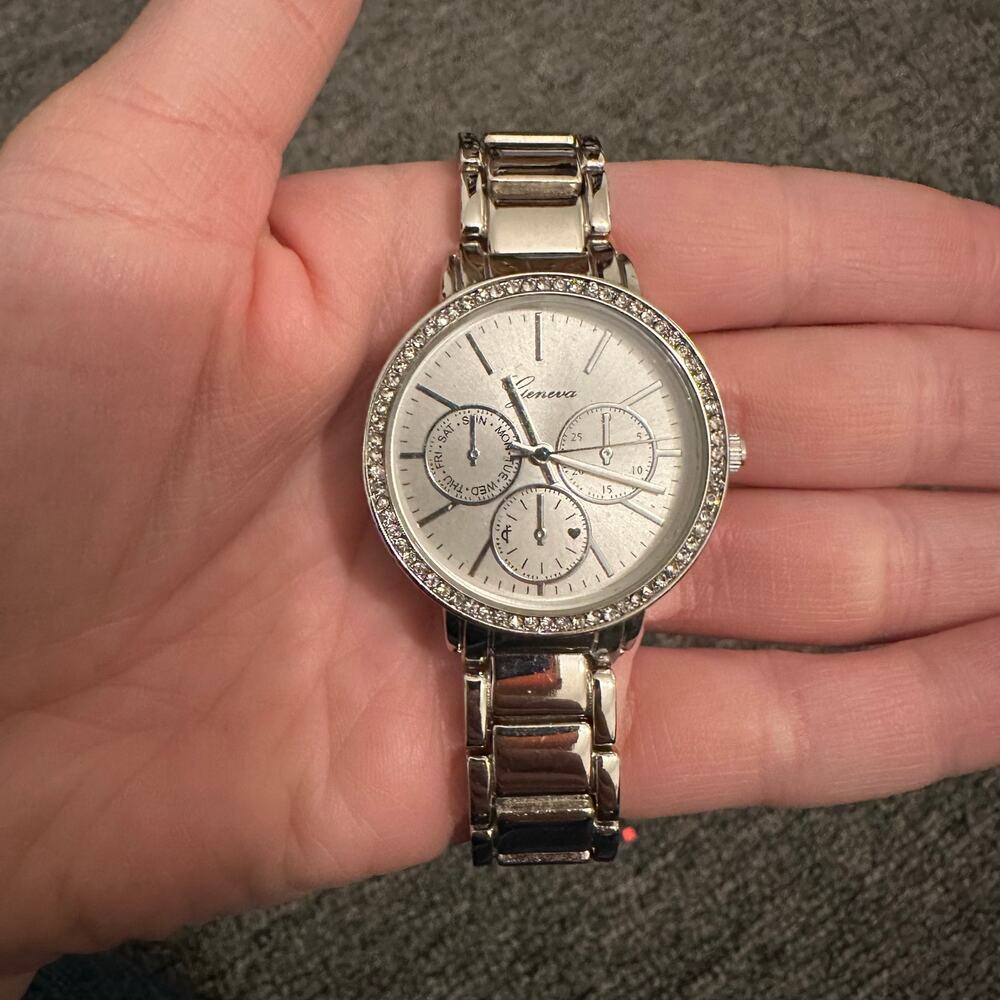 Geneva Women's Silver Toned Bracelet Band Analog Watch Rhinestones